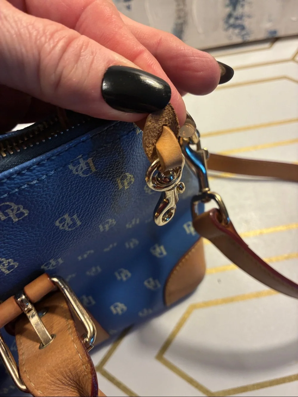 EUC Vintage Dooney and Bourke Blue Monogram Satchel with Tan Trim